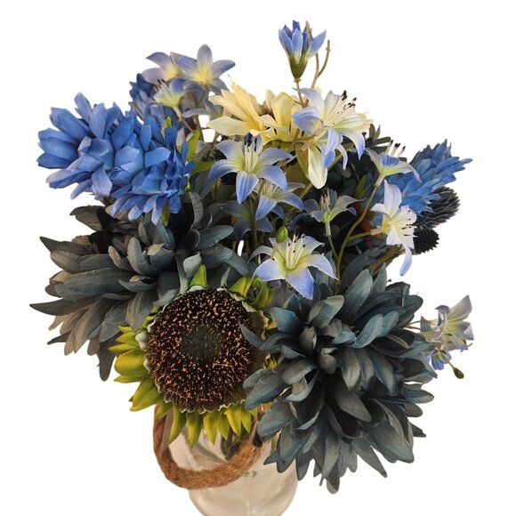 Artificial Blue Mums & White Sunflowers 16 Stem Faux Floral Bundle Arrangement B - Picture 11 of 16